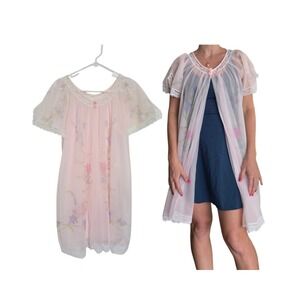 VTG Intime Sheer Pink Floral Nightgown Sz S Lingerie Lace Trim V-neck Fairy 60s